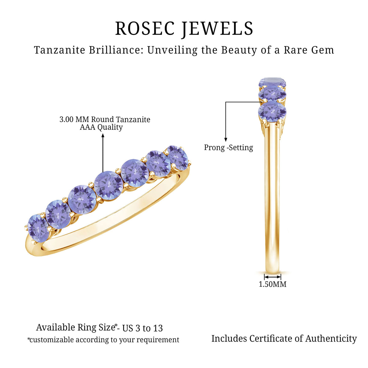 Certified Real Tanzanite Half Eternity Ring for Anniversary