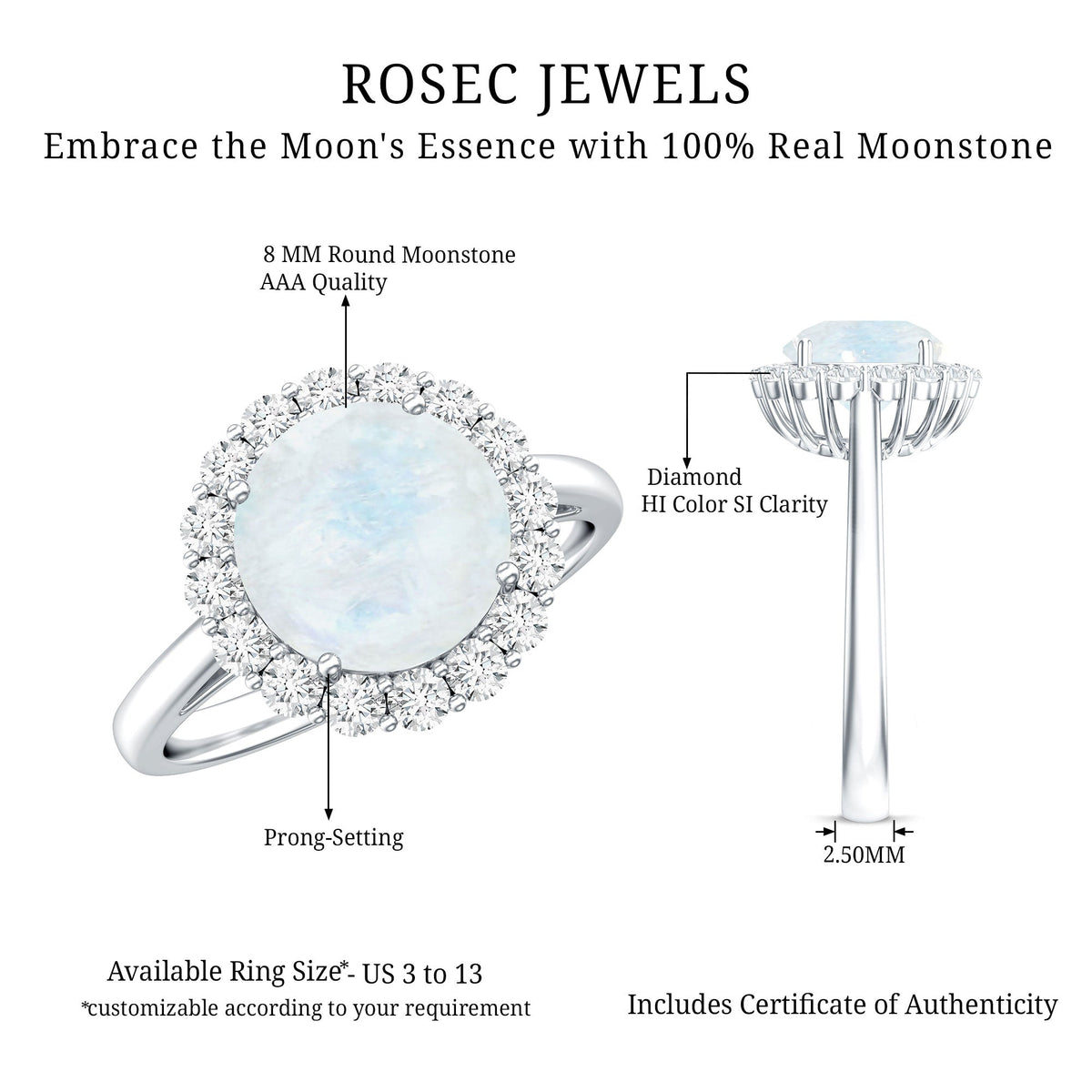 0.8 CT Round Moonstone Halo Engagement Ring with Diamond