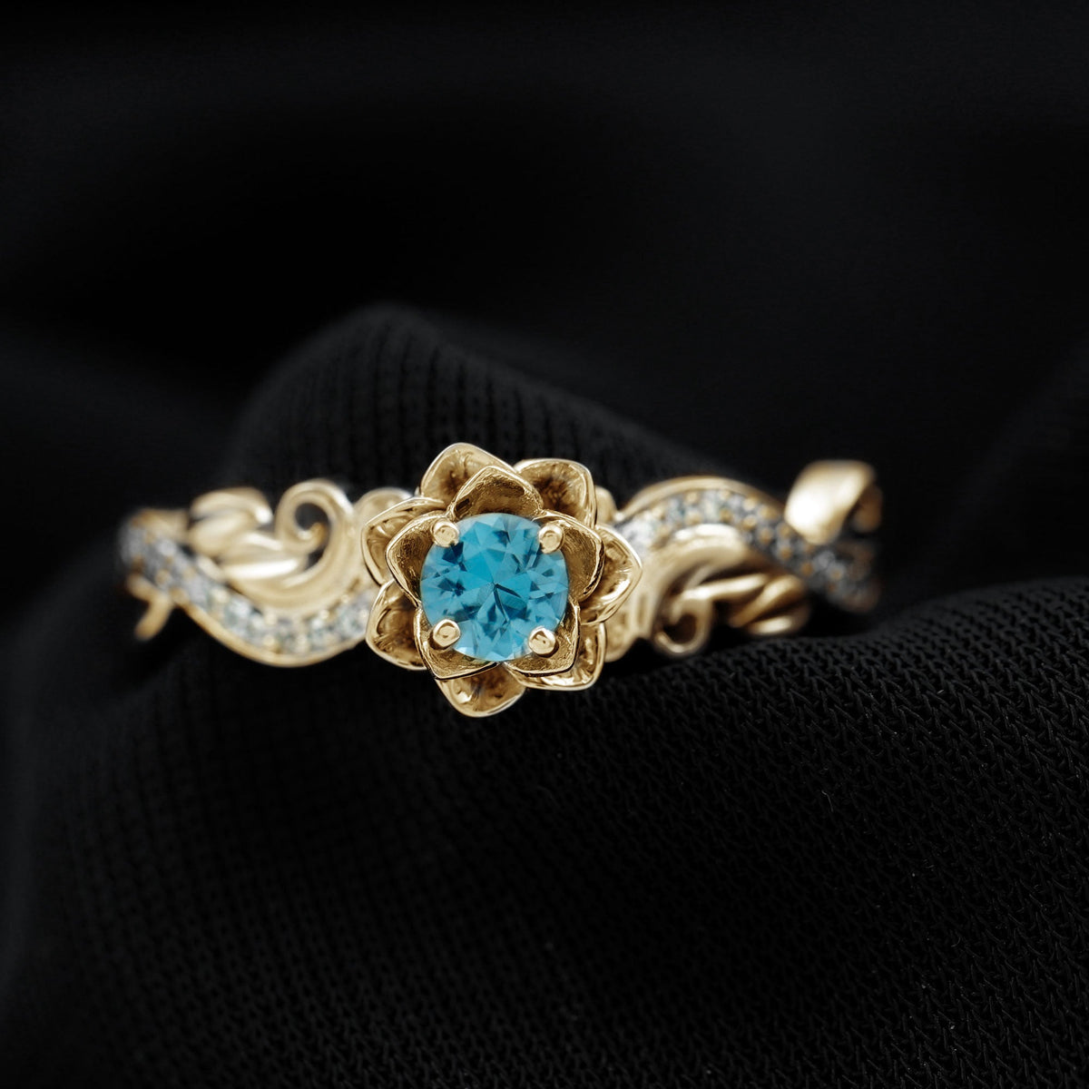 0.6 Carat Round Shape London Blue Topaz Nature Inspired Engagement Ring with Diamond