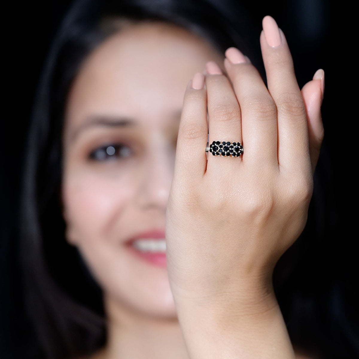 Certified Black Onyx Flower Clusters Engagement Ring
