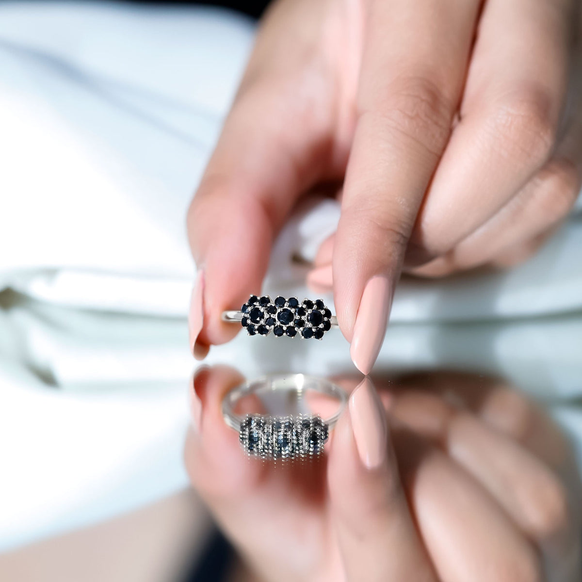 Certified Black Onyx Flower Clusters Engagement Ring