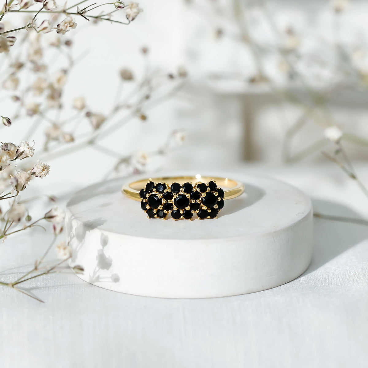 Certified Black Onyx Flower Clusters Engagement Ring