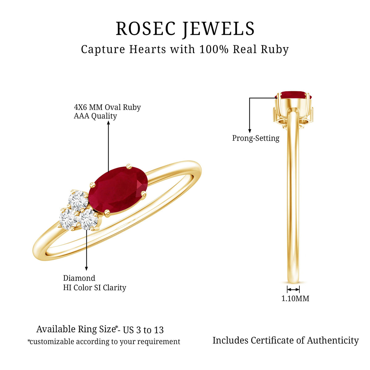 East West Style 0.6 Carat Oval Ruby Promise Ring with Diamond Trio