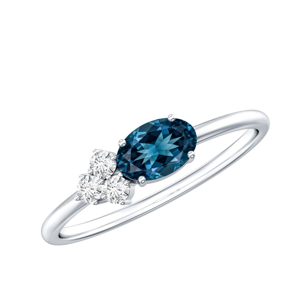 0.4 Carat Oval Cut London Blue Topaz East West Promise Ring with Diamond Trio