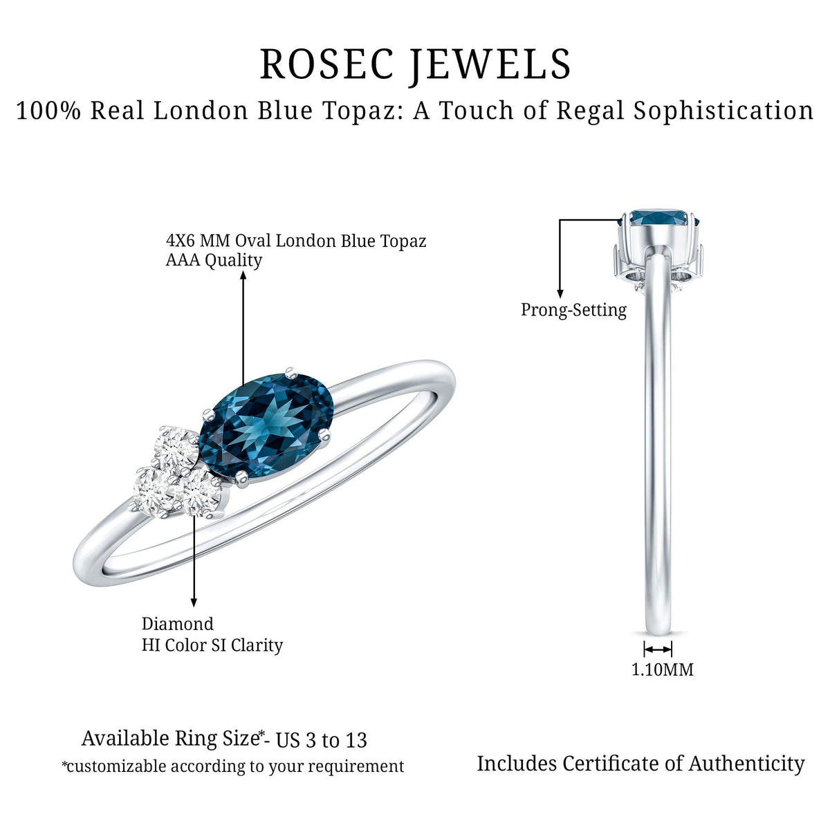 0.4 Carat Oval Cut London Blue Topaz East West Promise Ring with Diamond Trio
