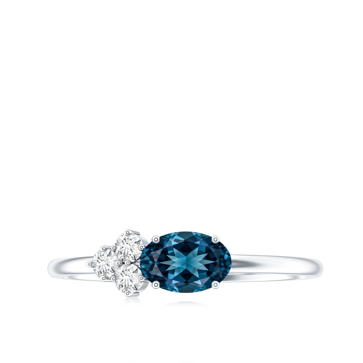 0.4 Carat Oval Cut London Blue Topaz East West Promise Ring with Diamond Trio