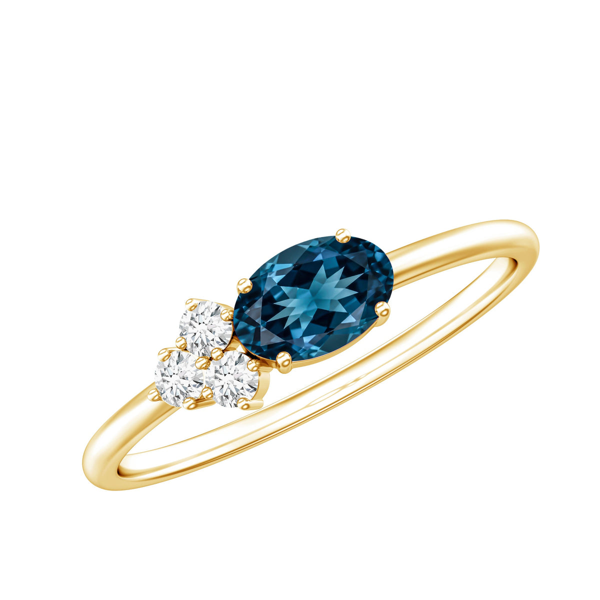 0.4 Carat Oval Cut London Blue Topaz East West Promise Ring with Diamond Trio