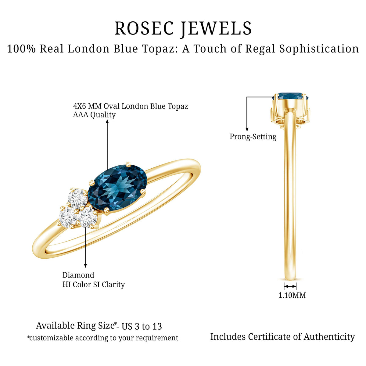 0.4 Carat Oval Cut London Blue Topaz East West Promise Ring with Diamond Trio