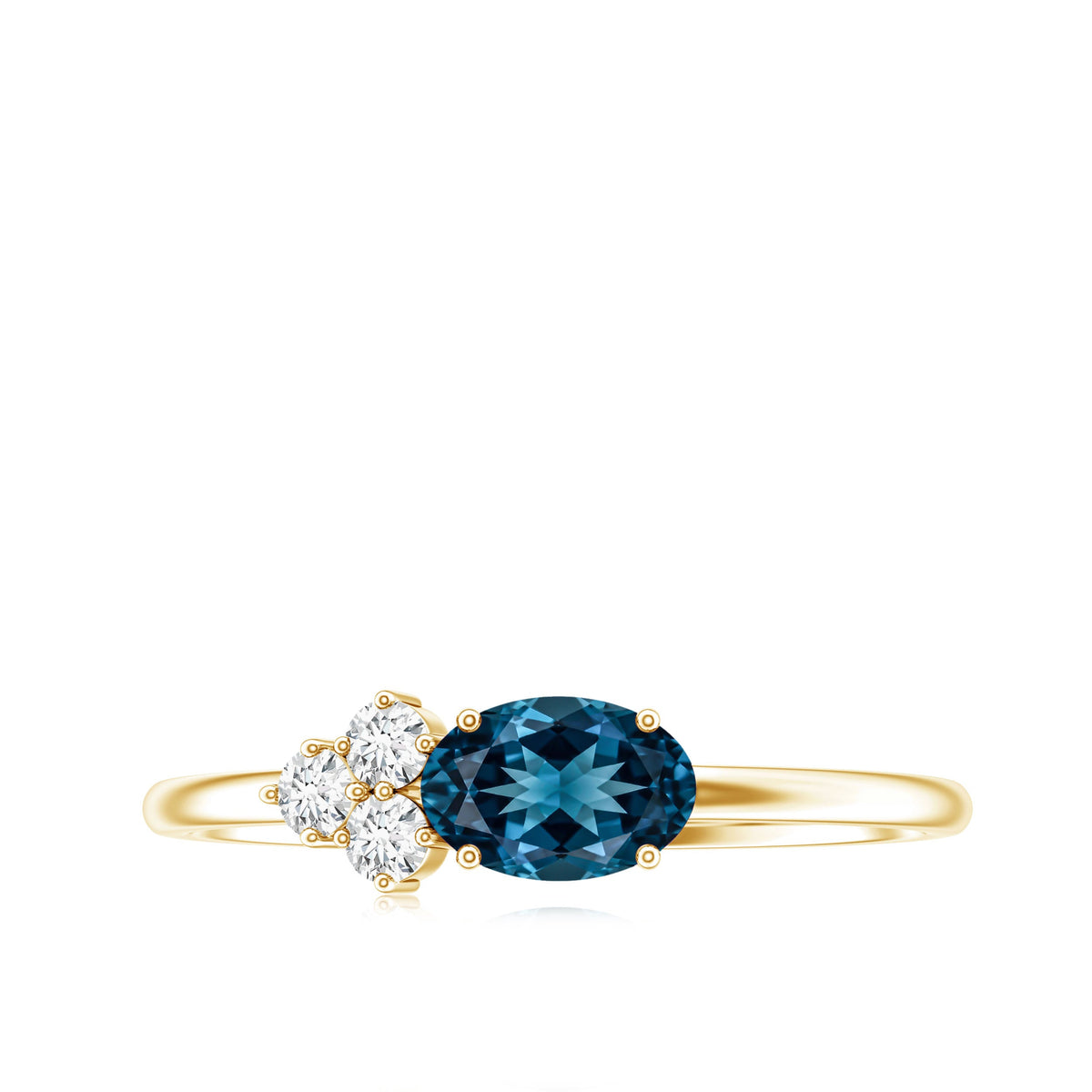 0.4 Carat Oval Cut London Blue Topaz East West Promise Ring with Diamond Trio