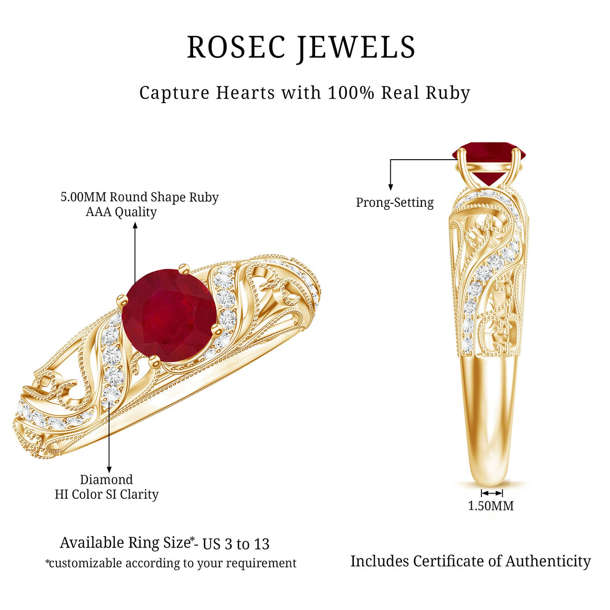 Vintage Style 0.6 Carat Ruby Engagement Ring with Diamond