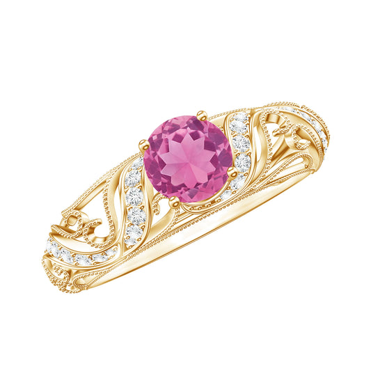 0.4 Carat Vintage Style Pink Tourmaline Engagement Ring with Diamond