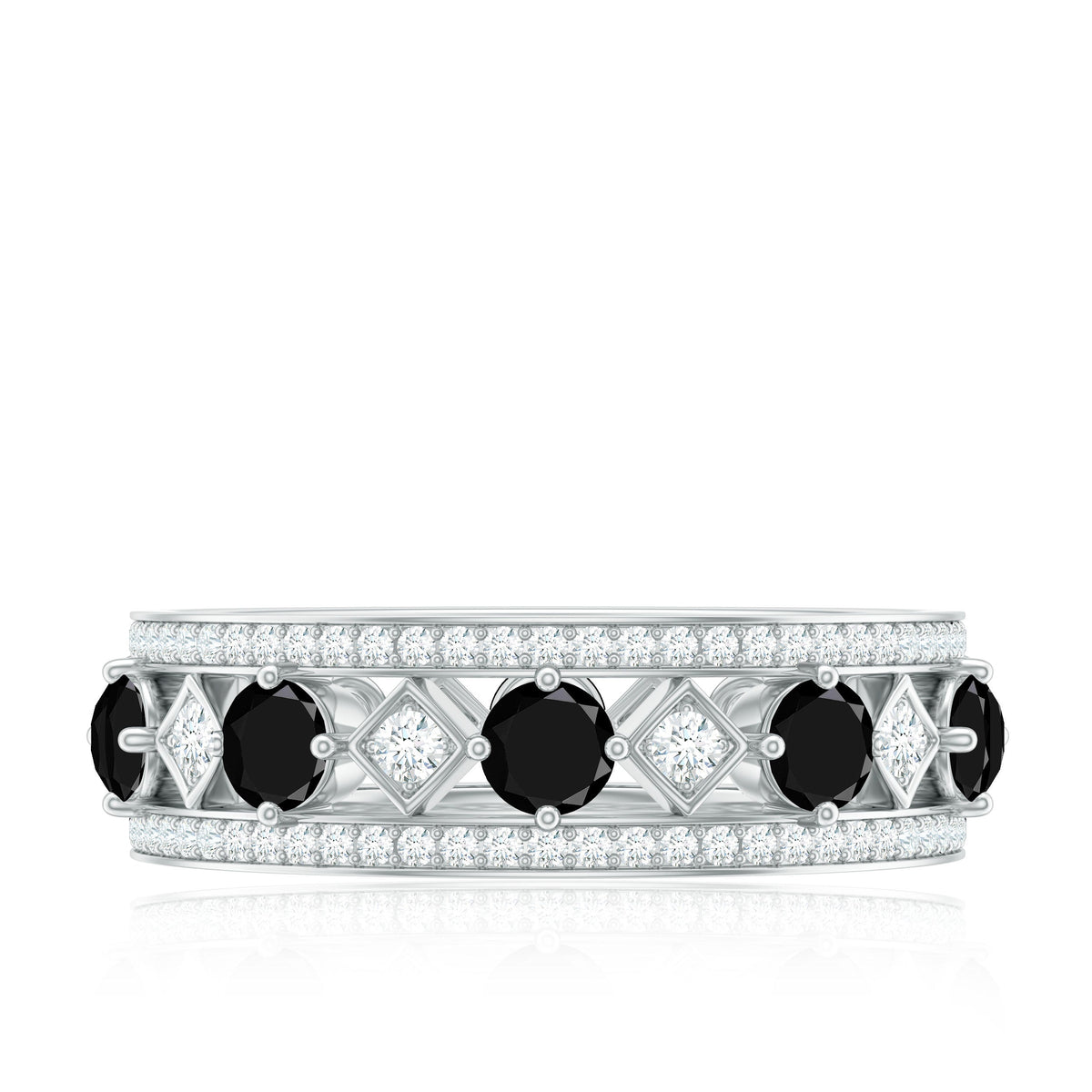 Antique Looking Black Onyx and Moissanite Wide Wedding Band