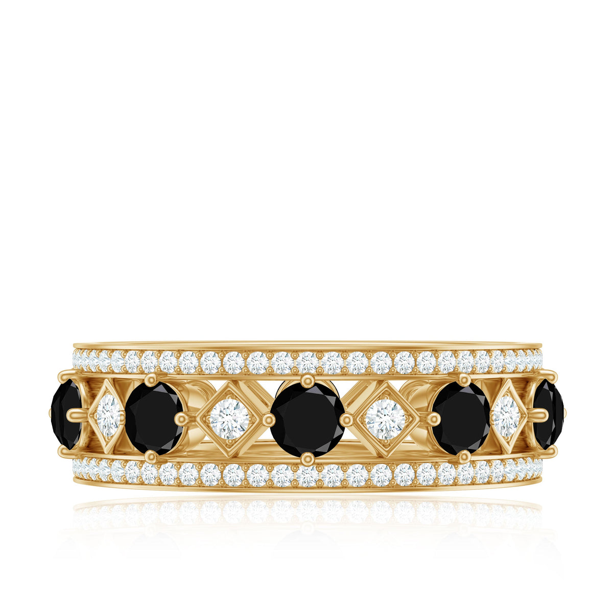 Antique Looking Black Onyx and Moissanite Wide Wedding Band