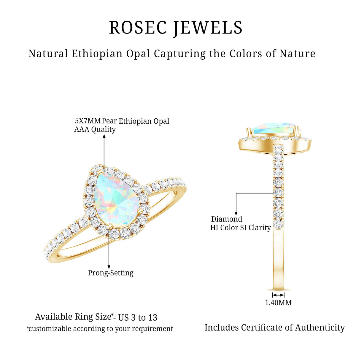 0.7 Carat Natural Ethiopian Opal Teardrop Engagement Ring with Diamond Halo