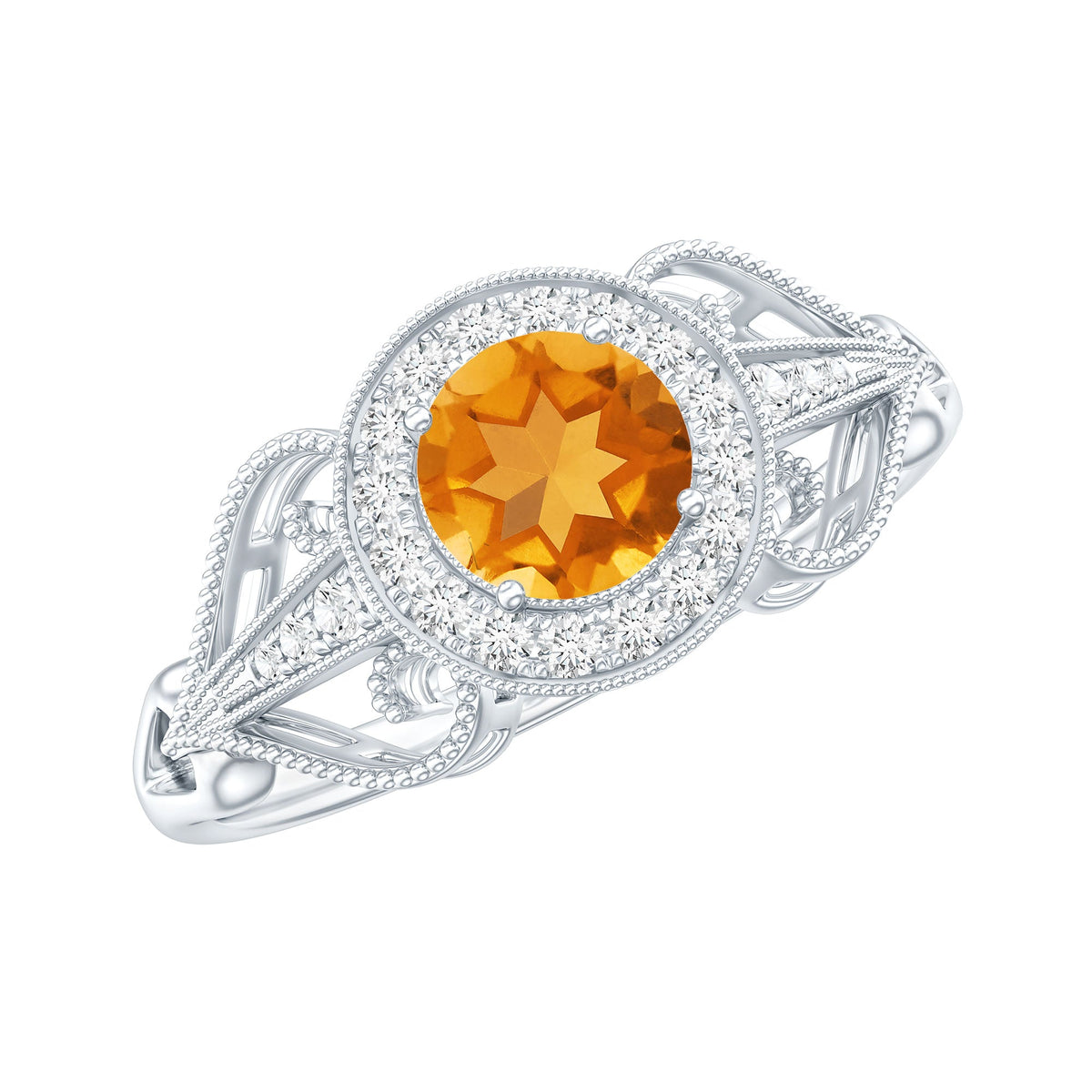 Vintage Style Citrine Engagement Ring with Diamond Halo