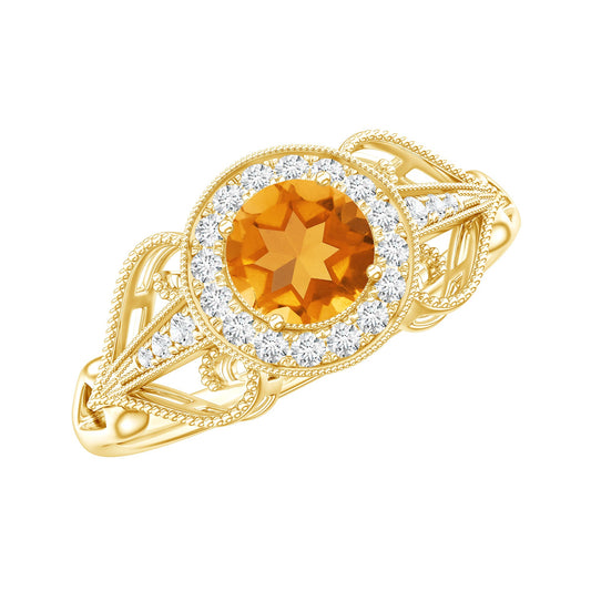 Vintage Style Citrine Engagement Ring with Diamond Halo