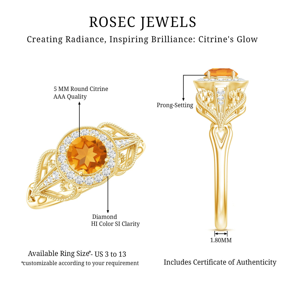 Vintage Style Citrine Engagement Ring with Diamond Halo