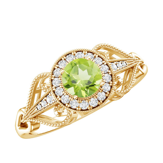 Vintage Inspired 0.5 Carat Peridot Engagement Ring with Diamond Halo
