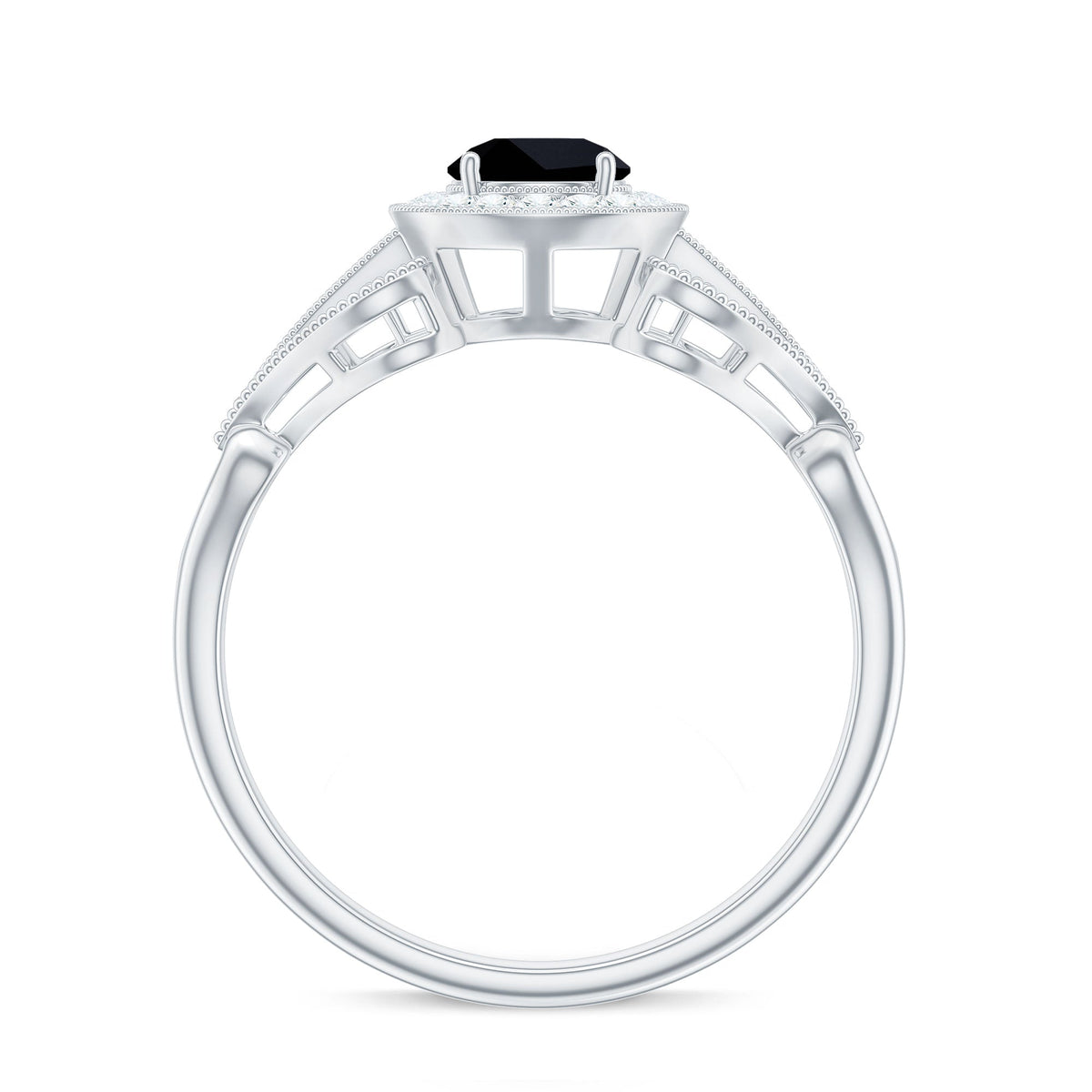 0.4 Carat Round Black Onyx Vintage Engagement Ring with Diamond Halo