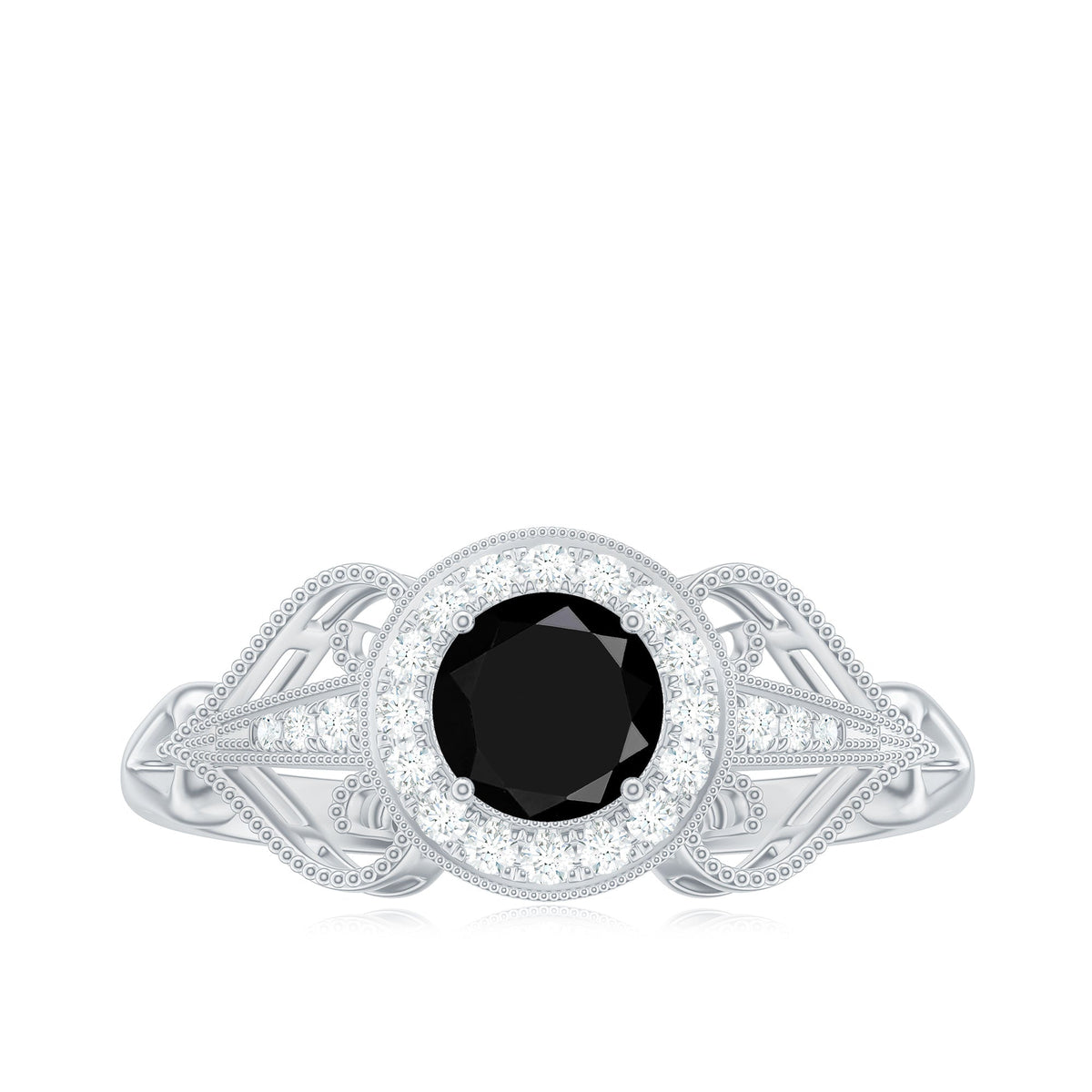 0.4 Carat Round Black Onyx Vintage Engagement Ring with Diamond Halo