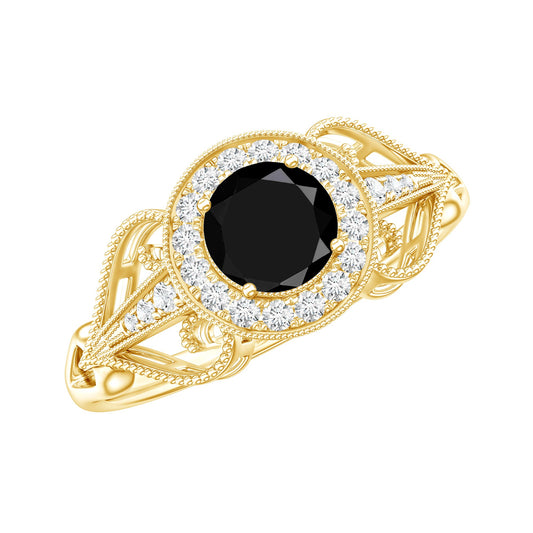 0.4 Carat Round Black Onyx Vintage Engagement Ring with Diamond Halo