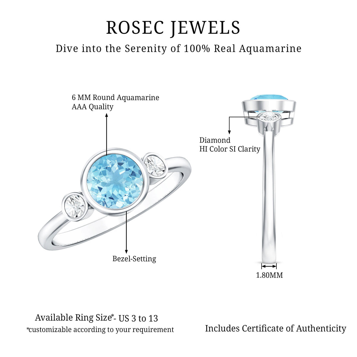 Bezel Set Real Aquamarine Diamond Engagement Ring with Certificate