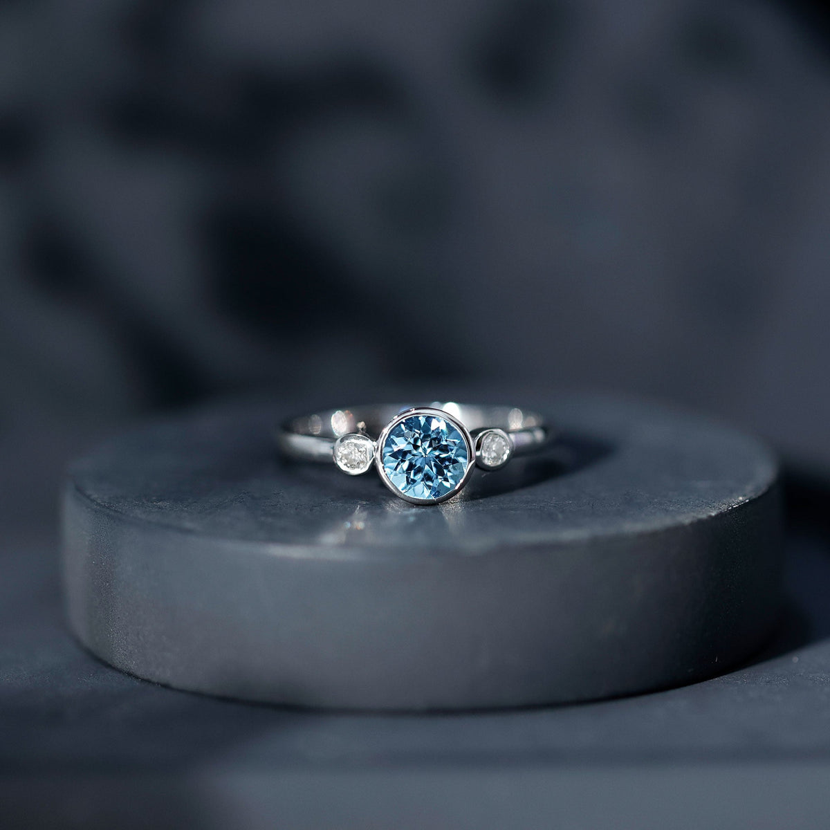 Bezel Set Real Aquamarine Diamond Engagement Ring with Certificate