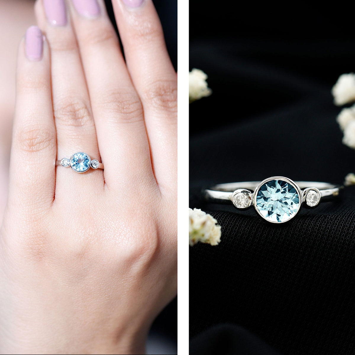 Bezel Set Real Aquamarine Diamond Engagement Ring with Certificate