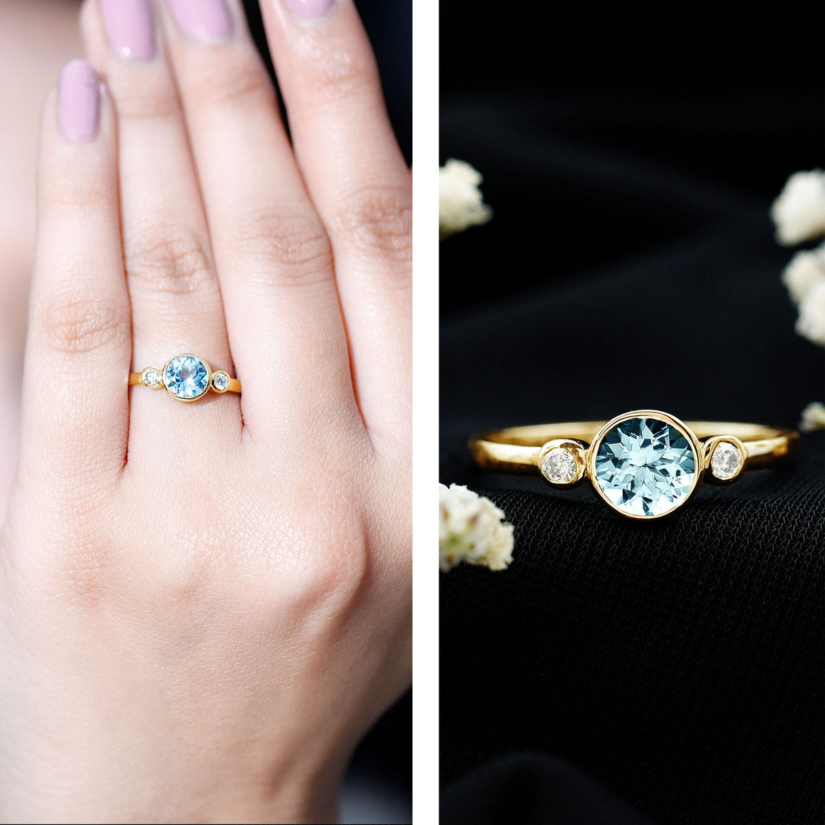 Bezel Set Real Aquamarine Diamond Engagement Ring with Certificate