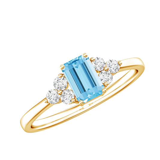 Aquamarine Emerald Cut Engagement Ring with Diamond Trio