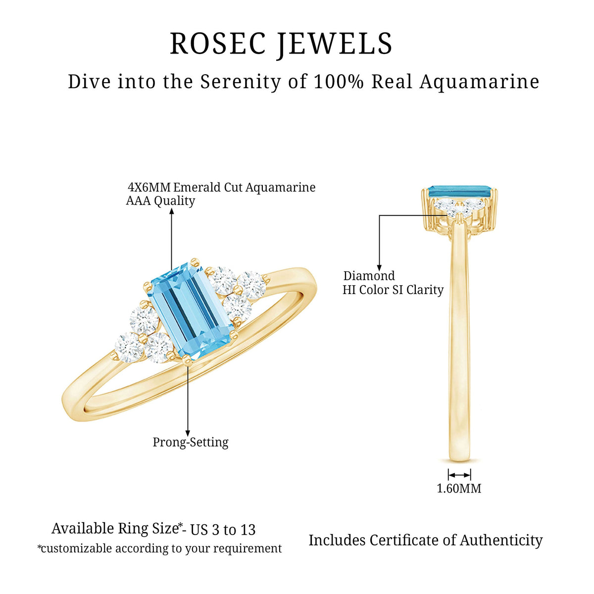 Aquamarine Emerald Cut Engagement Ring with Diamond Trio