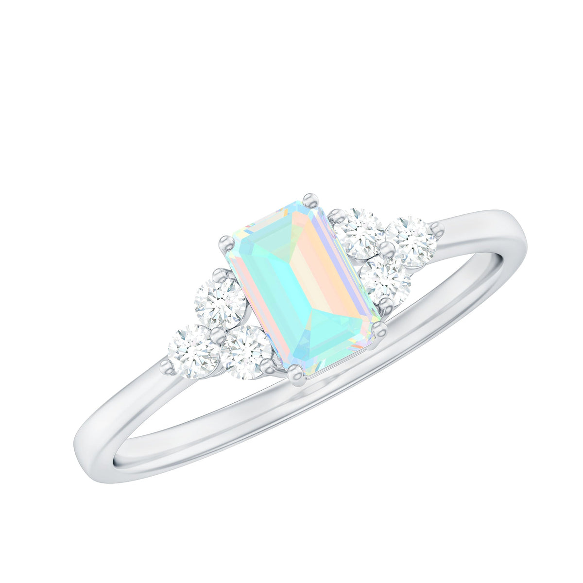 Certified Real Ethiopian Rainbow Opal Emerald Cut Engagement Ring with Diamond Trio