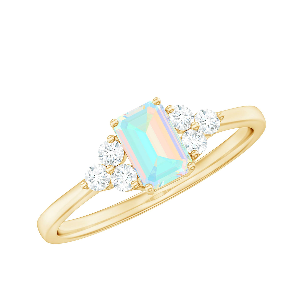 Certified Real Ethiopian Rainbow Opal Emerald Cut Engagement Ring with Diamond Trio