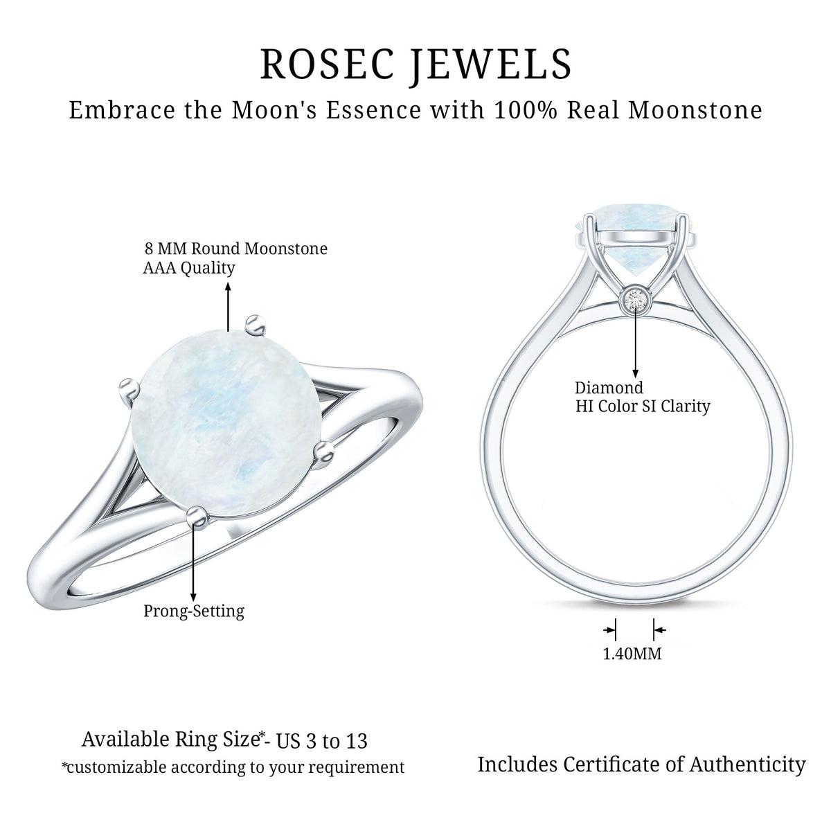 0.8 Carat Natural Moonstone Solitaire Ring with Surprise Diamond