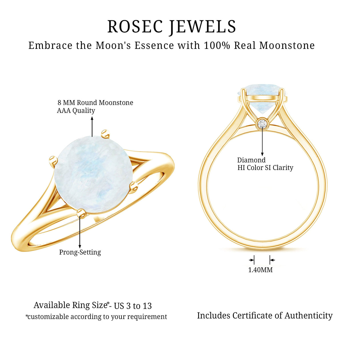 0.8 Carat Natural Moonstone Solitaire Ring with Surprise Diamond