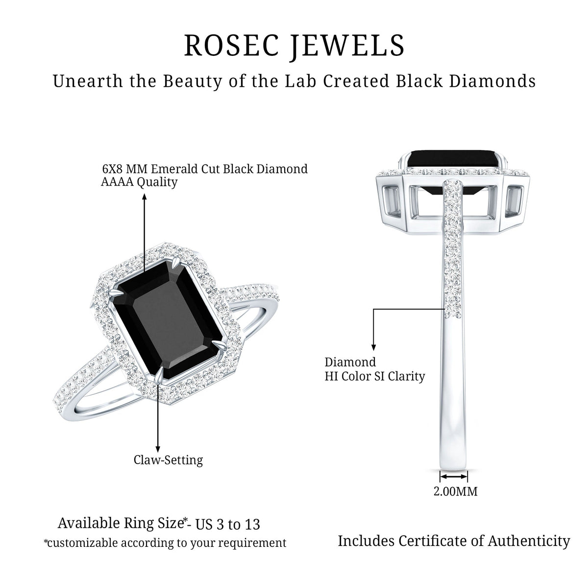 1.6 Carat Lab Grown Black and White Diamond Emerald Cut Engagement Ring with Halo
