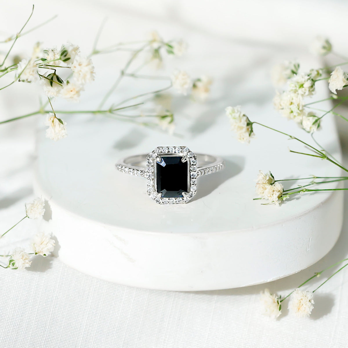 1.6 Carat Lab Grown Black and White Diamond Emerald Cut Engagement Ring with Halo