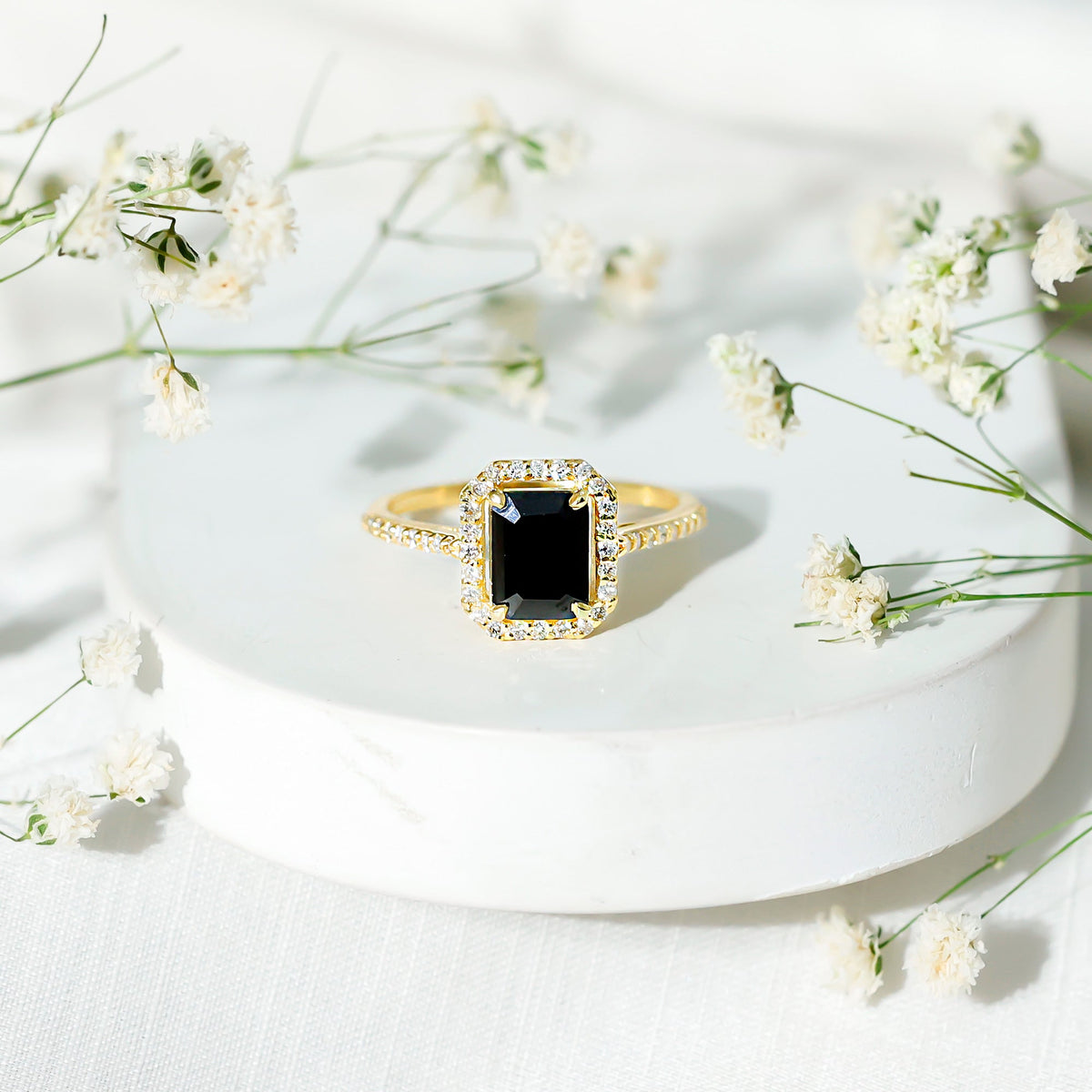 1.6 Carat Lab Grown Black and White Diamond Emerald Cut Engagement Ring with Halo