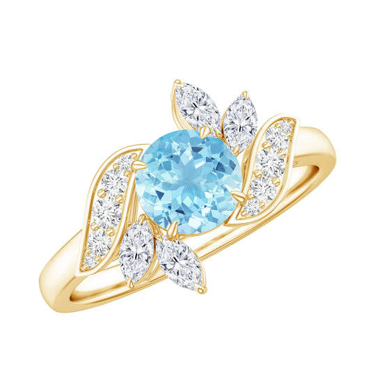 Genuine 0.8 Carat Aquamarine and Diamond Flower Engagement Ring