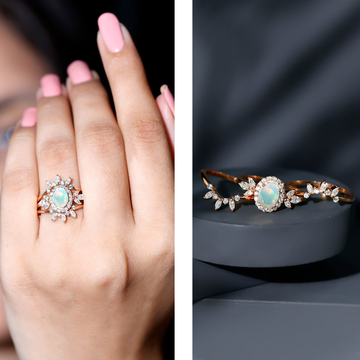 0.9 Carat Natural Certified Ethiopian Opal Engagement Ring Set of 3