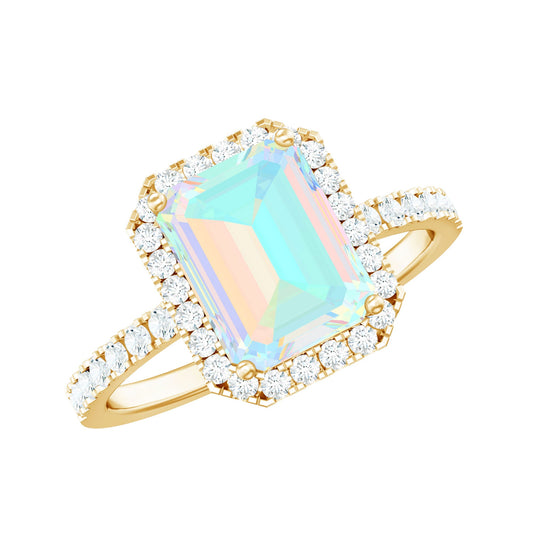 2 Carat Emerald Cut Ethiopian Opal Engagement Ring with Diamond Halo