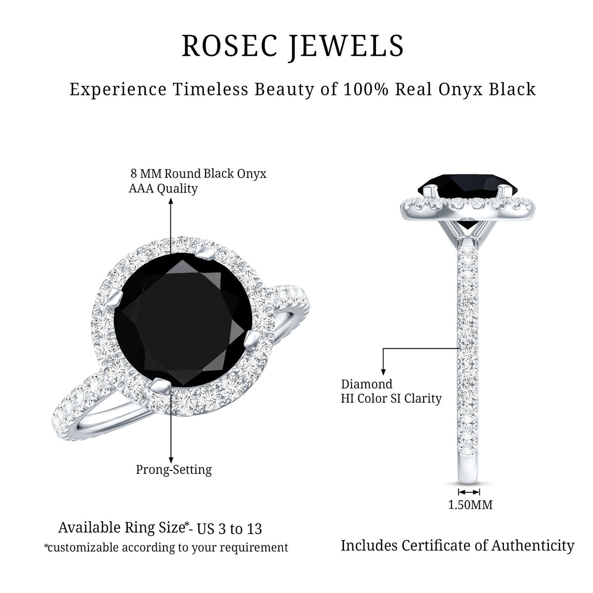 2 Carat Round Shape Black Onyx Engagement Ring with Diamond Halo