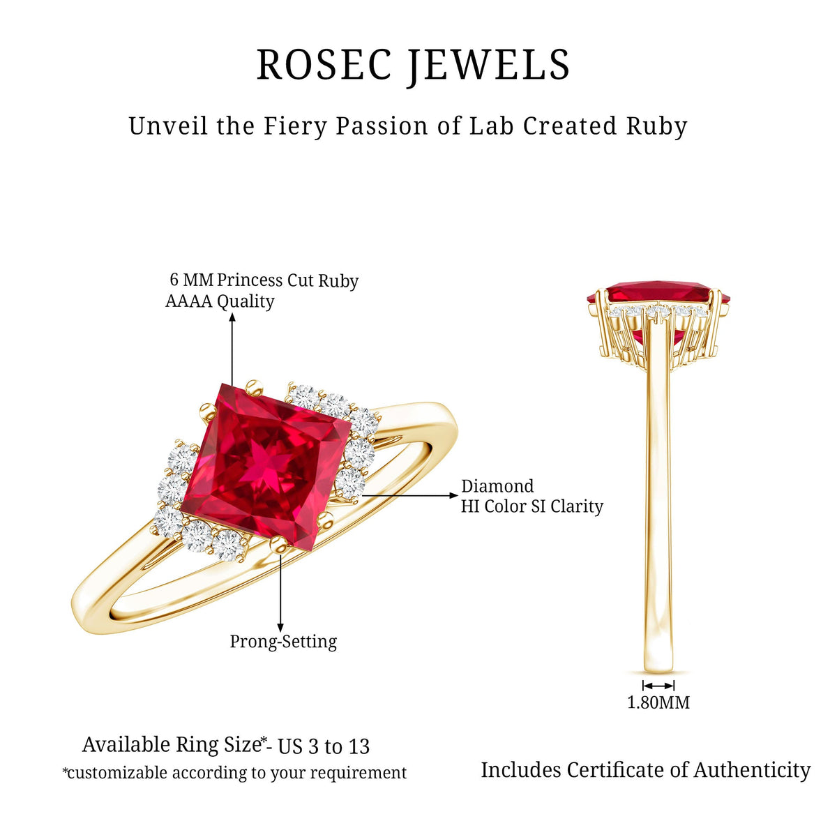 1.5 Carat Princess Cut Lab Grown Ruby Engagement Ring with Diamond