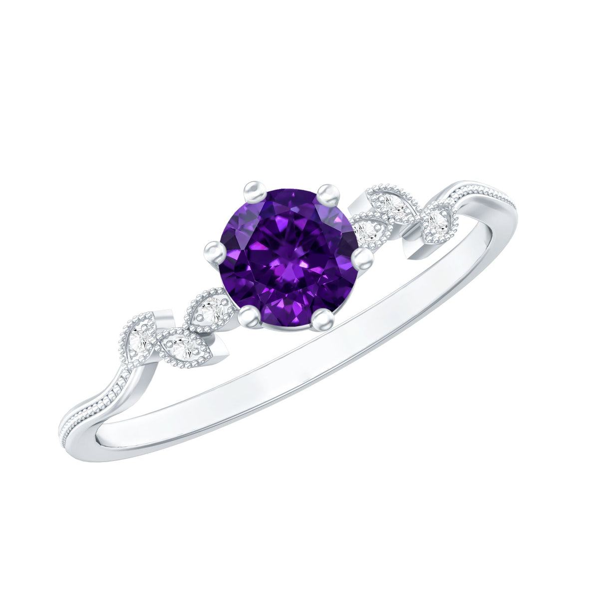 Amethyst and Diamond Leaf Promise Ring with Beaded Detailing