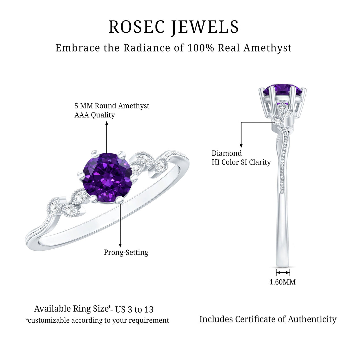 Amethyst and Diamond Leaf Promise Ring with Beaded Detailing