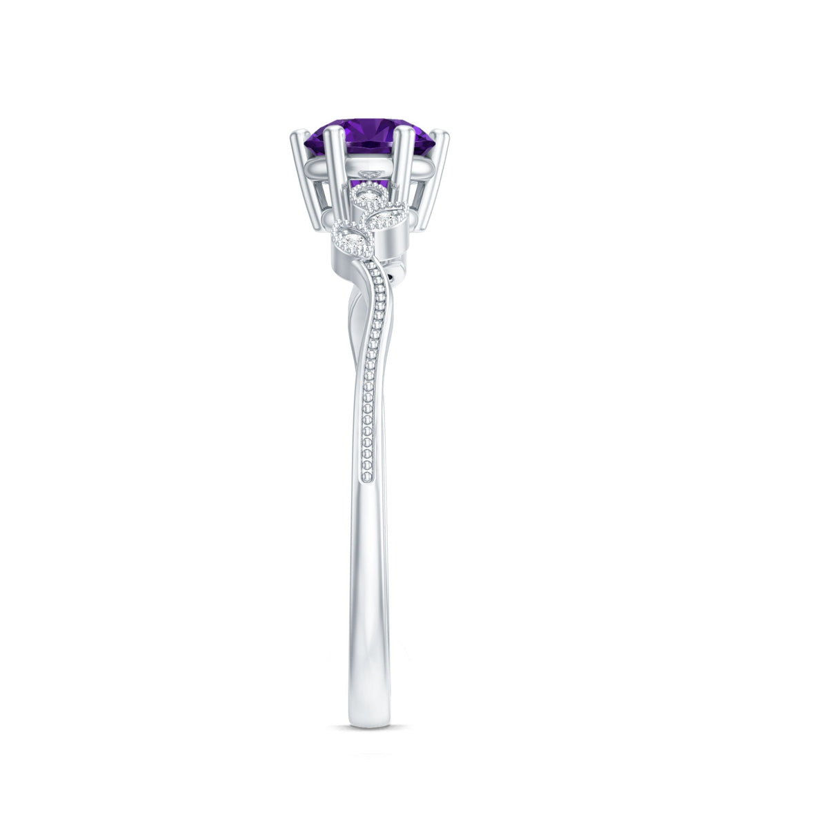 Amethyst and Diamond Leaf Promise Ring with Beaded Detailing