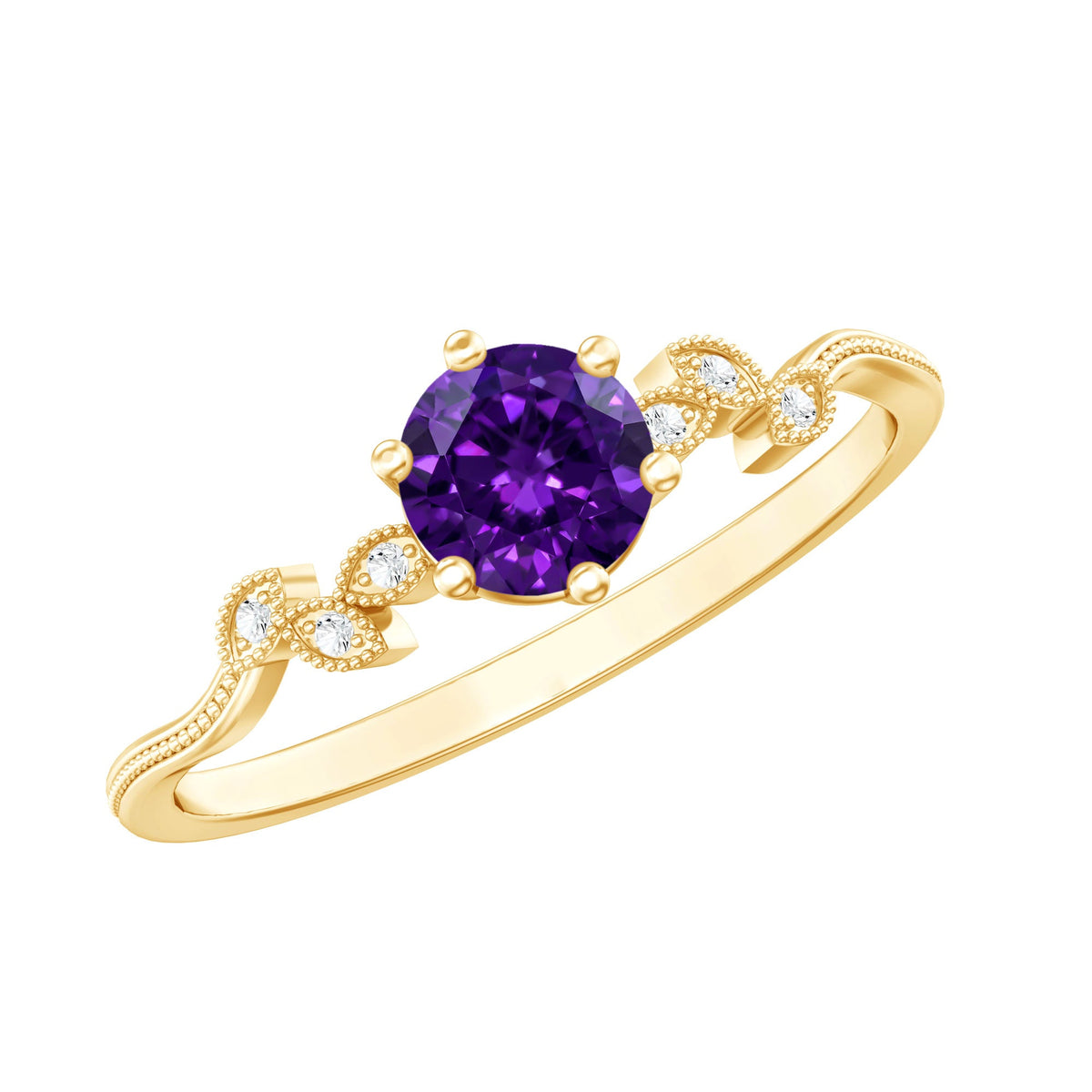 Amethyst and Diamond Leaf Promise Ring with Beaded Detailing