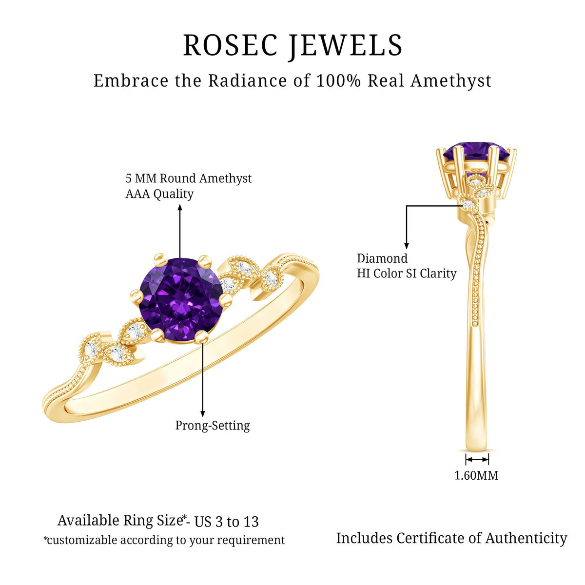 Amethyst and Diamond Leaf Promise Ring with Beaded Detailing