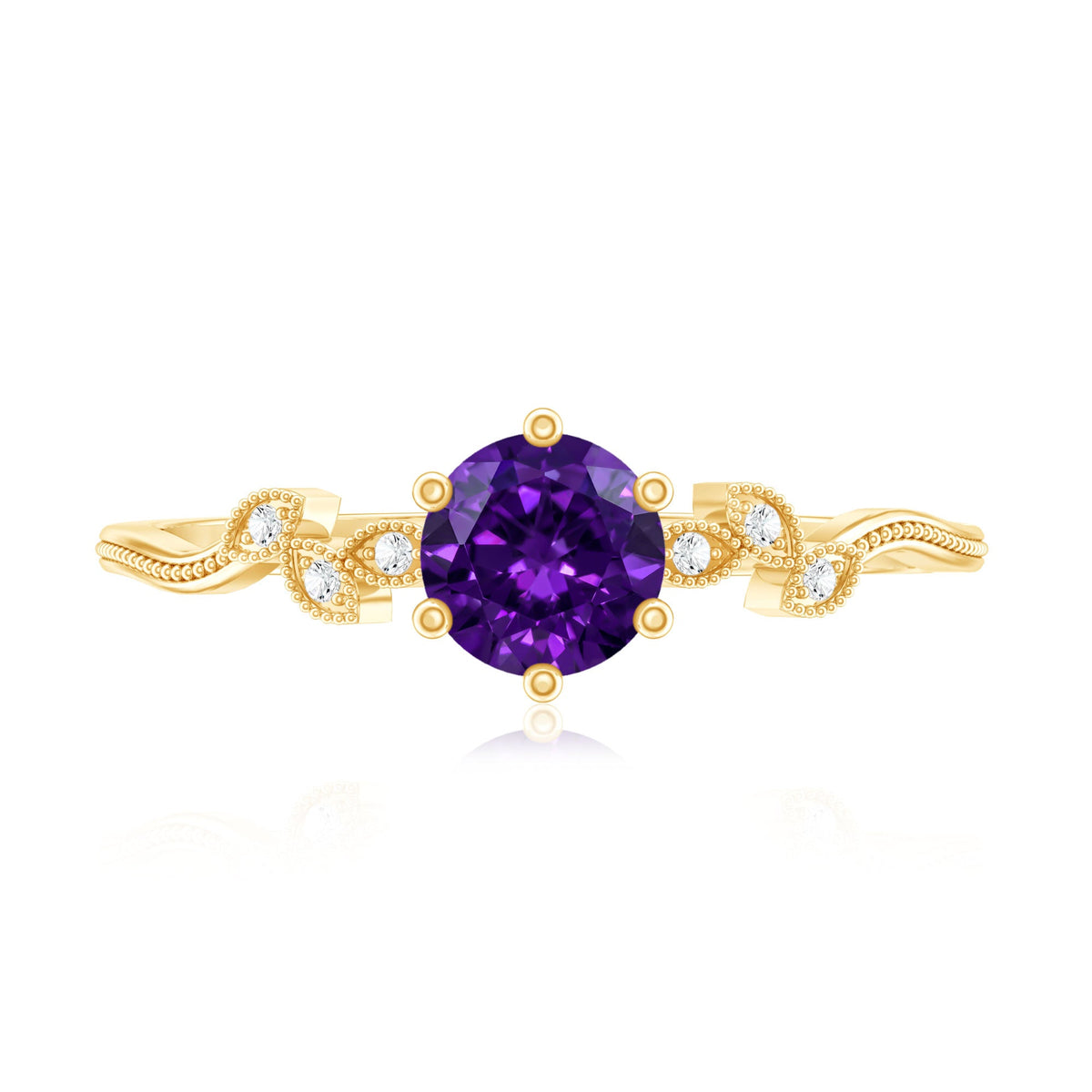 Amethyst and Diamond Leaf Promise Ring with Beaded Detailing