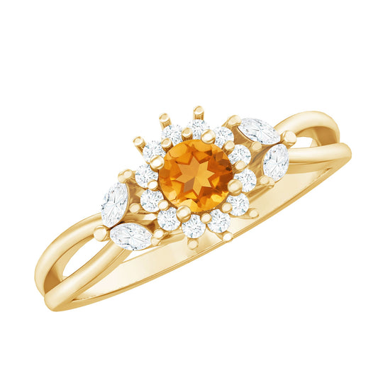 Floral Citrine And Diamond Halo Engagement Ring with Split Shank